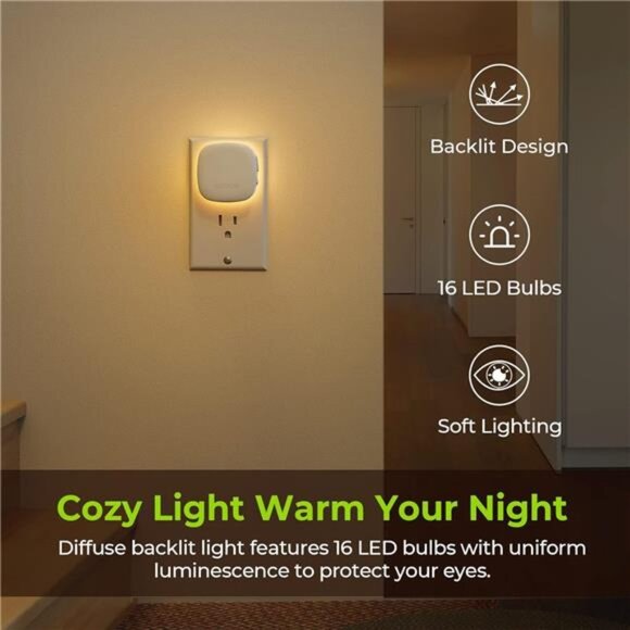 Plug-in LED Backlit Night Light with Motion Sensor & Dusk to Dawn Sensor, Warm - Picture 2 of 7